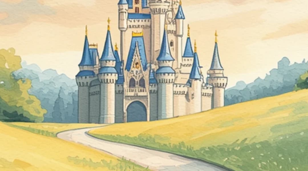 Cinderella Castle at Walt Disney World, seen along a path through open meadows